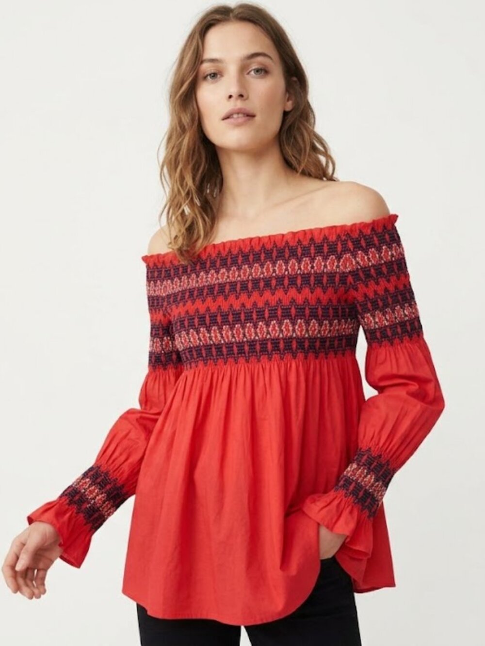 Maje Lezky Smocked Off-Shoulder Embroidered Peasant Top Red Size XS